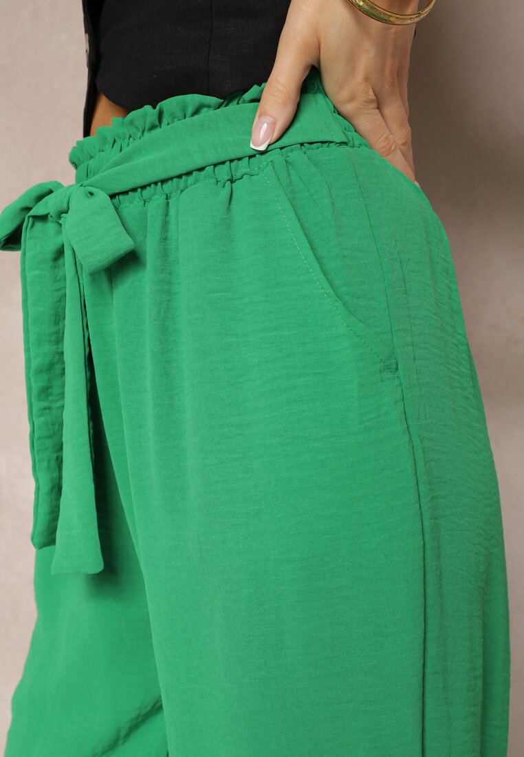 Zielone Spodnie High Waist Wiązane w Pasie Wykończone Gumką w Talii Dimixi