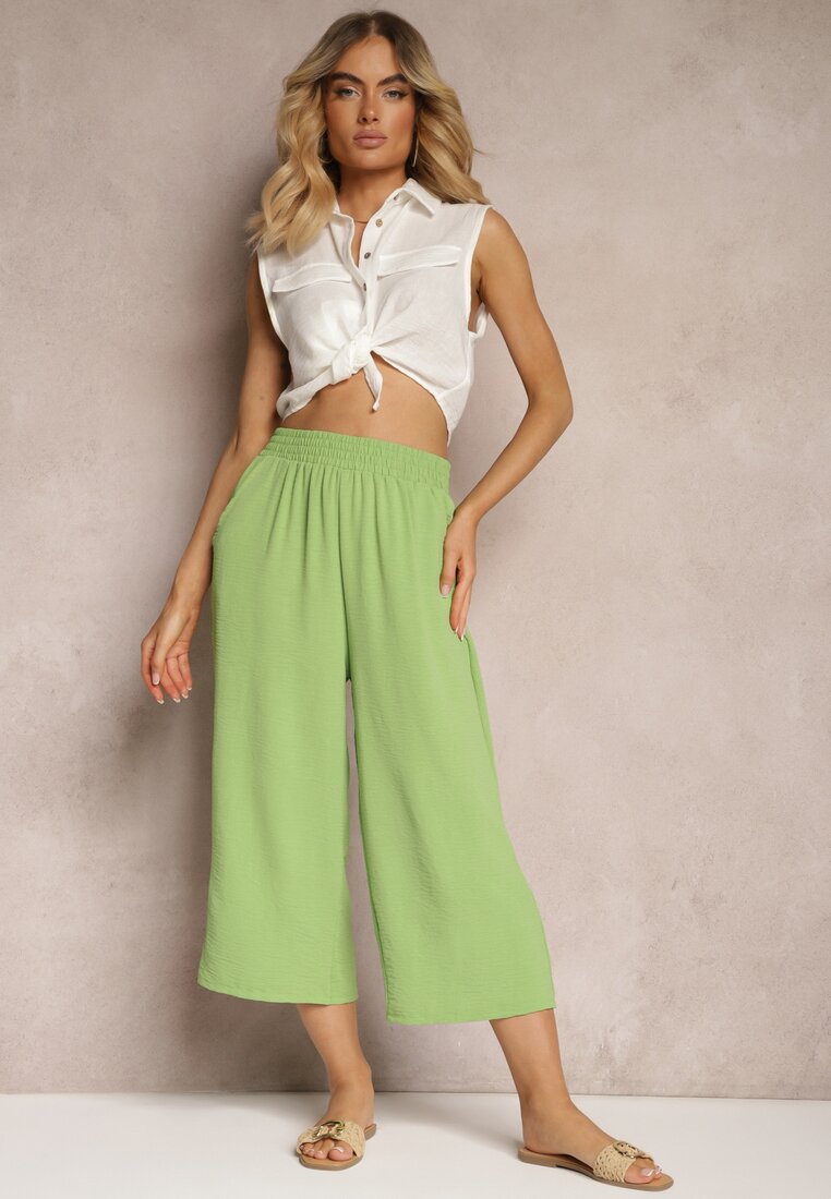 Pantaloni Palazzo verzi deschis cu elastic în talie și lungimea mânecii 3/4 Moolia