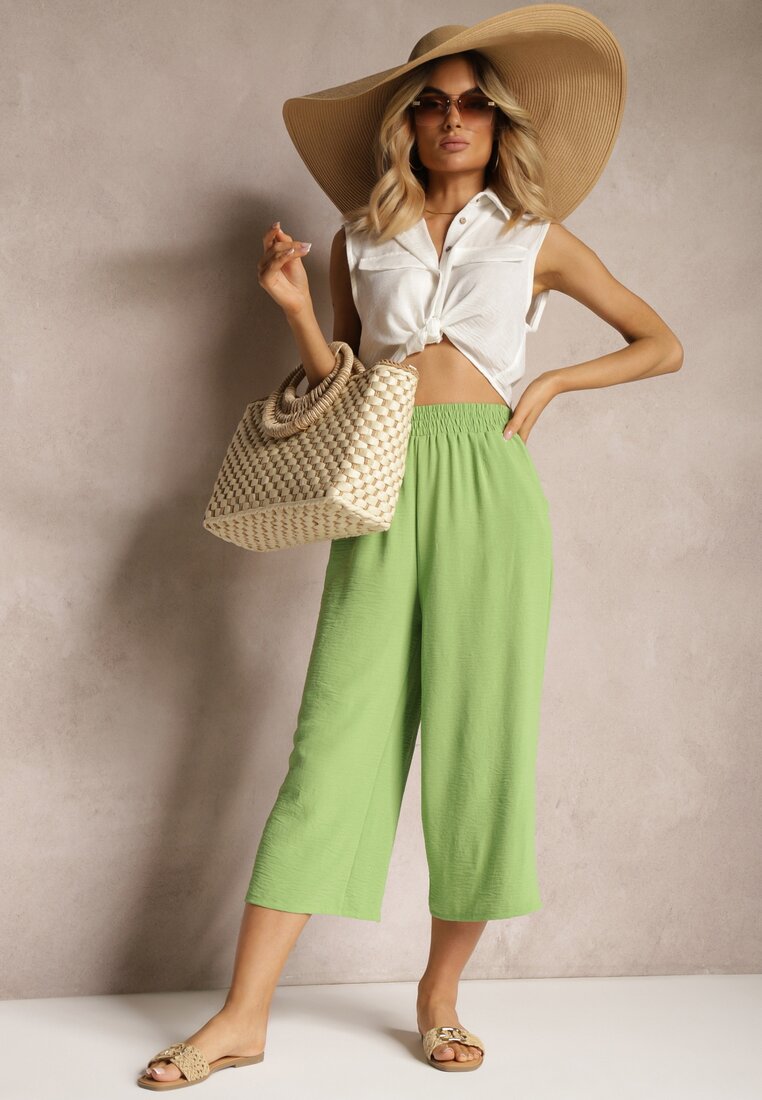 Pantaloni Palazzo verzi deschis cu elastic în talie și lungimea mânecii 3/4 Moolia
