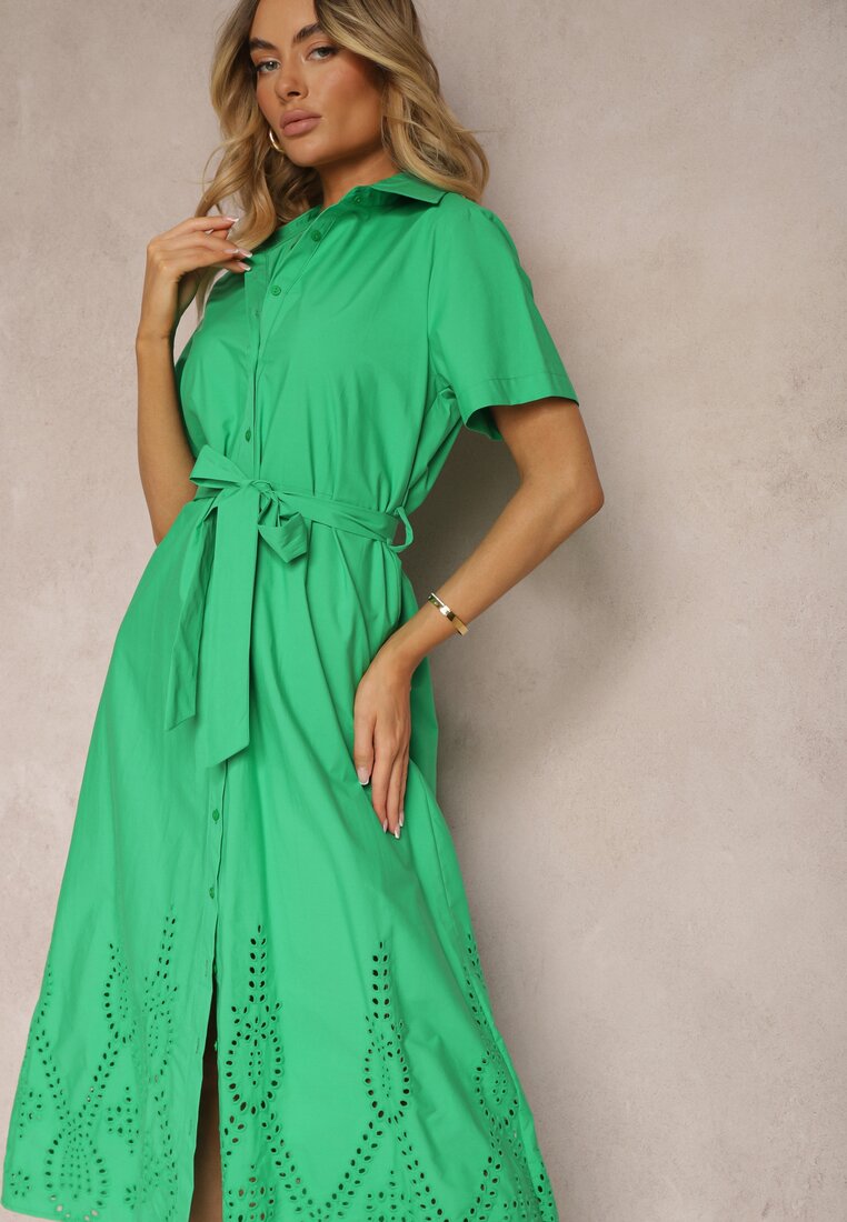 Zielona Bawełniana Sukienka o Ażurowym Wykończeniu z Paskiem w Talii Zapinana na Guziki Dimosha