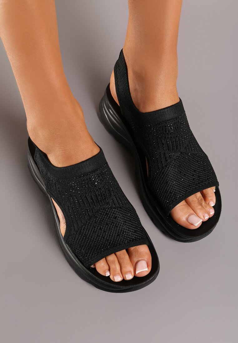 Sandale Sport Negre Plate cu Slip-On pe Talpă Groasă cu Strasuri și Sclipici Eladay