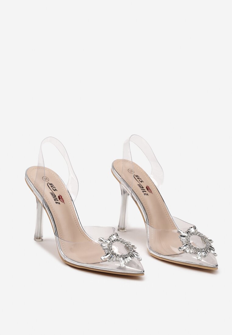Srebrne Transparentne Sandały na Obcasie z Silikonowym Noskiem z Biżuteryjną Klamrą Groolia