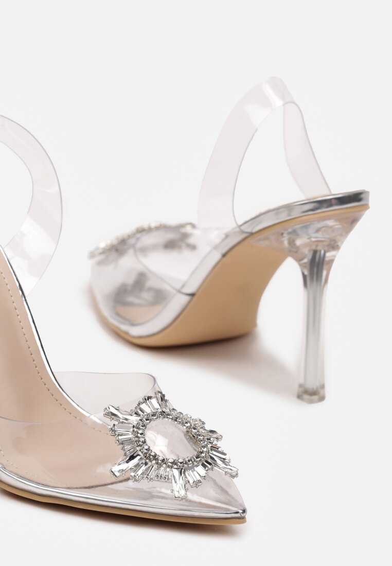 Srebrne Transparentne Sandały na Obcasie z Silikonowym Noskiem z Biżuteryjną Klamrą Groolia