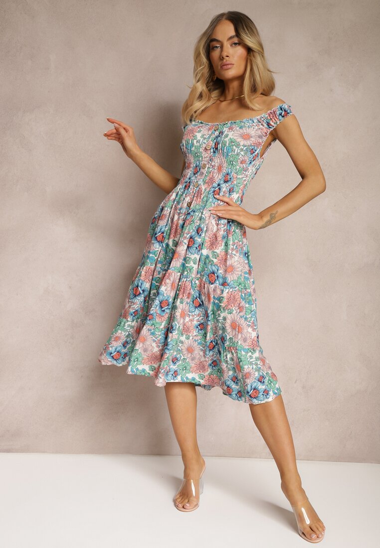 Rochie Roz-Albastru cu Elastic in Talie pe Bretele cu Volane Florale cu Nasturi Decorativi Arcovia