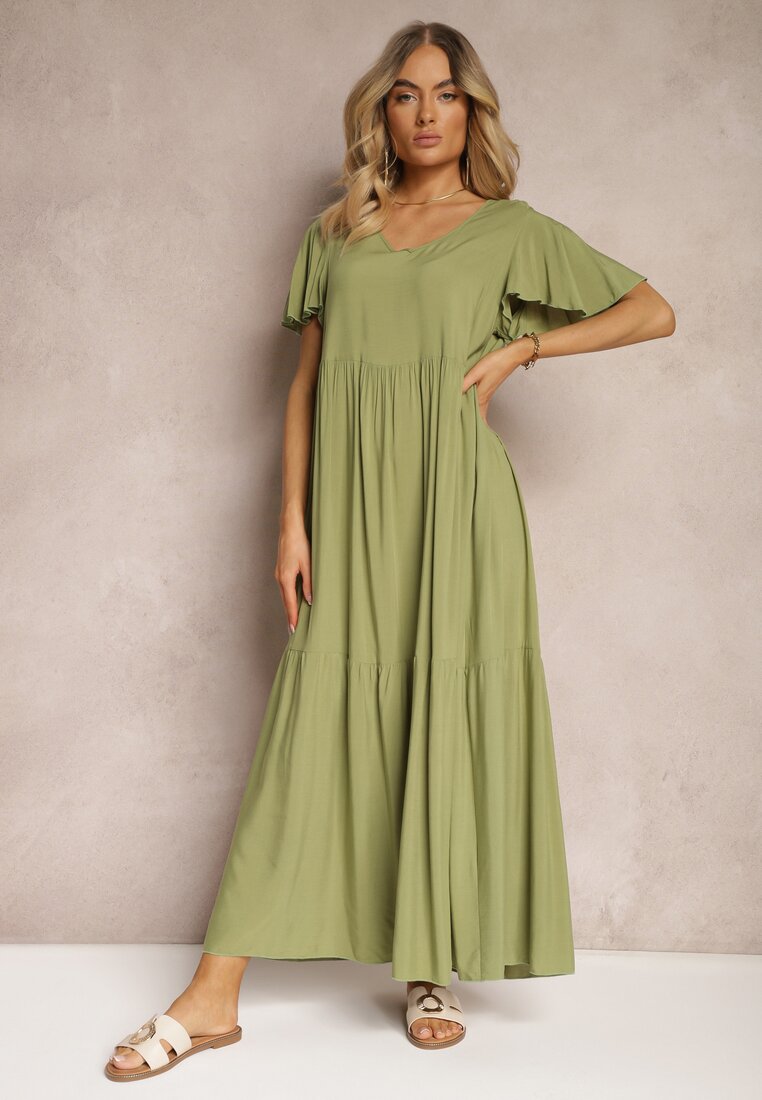 Zielona Rozkloszowana Sukienka z Bawełny z Falbankami Dimante