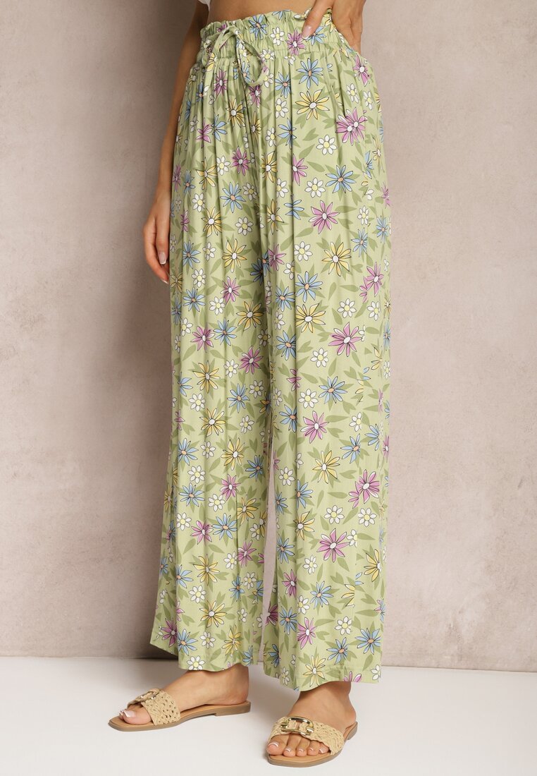 Pantaloni largi verde deschis din bumbac cu elastic în talie Axnalia