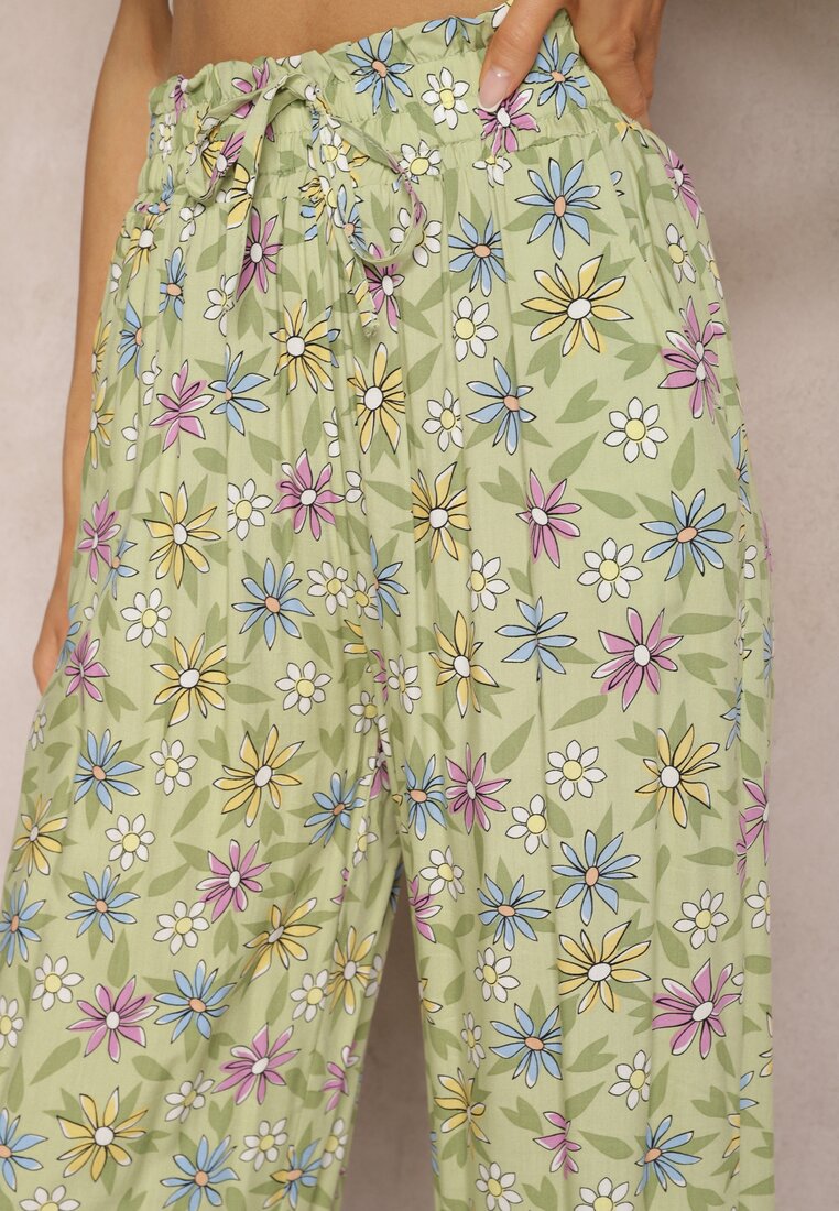Jasnozielone Szerokie Spodnie z Bawełny z Gumką w Talii Axnalia