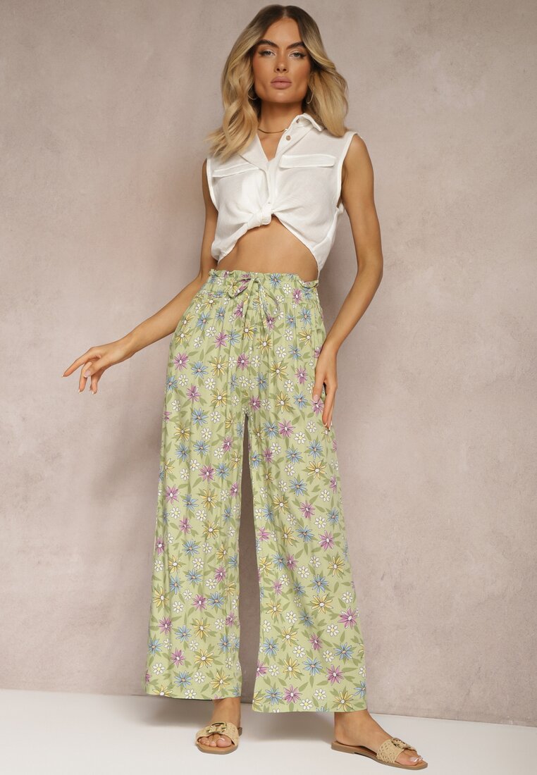 Pantaloni largi verde deschis din bumbac cu elastic în talie Axnalia