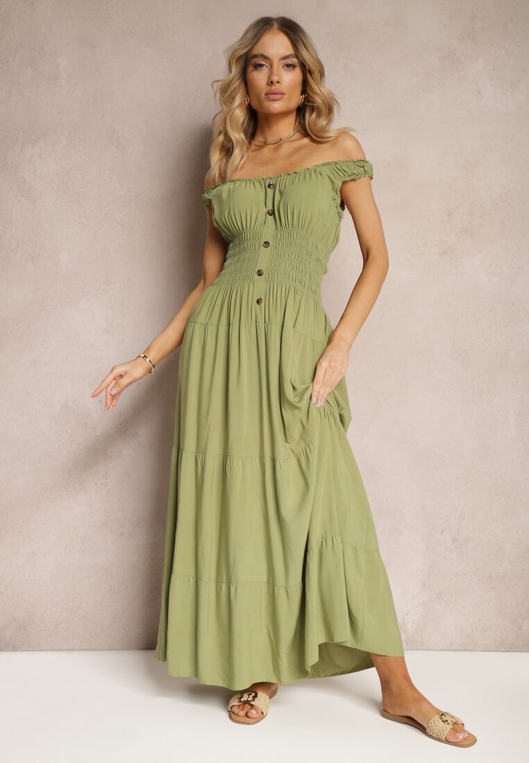 Zielona Sukienka z Bawełny na Ramiączkach z Gumką w Talii i Guzikami Dunvia