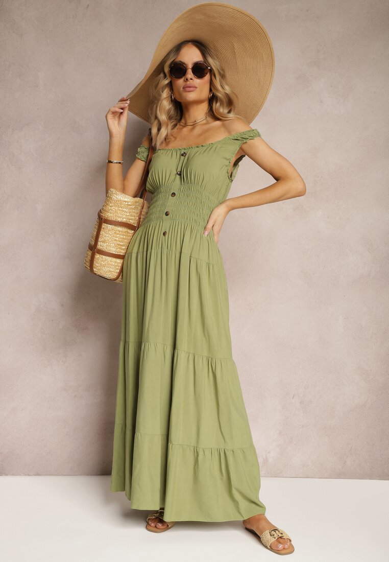 Zielona Sukienka z Bawełny na Ramiączkach z Gumką w Talii i Guzikami Dunvia