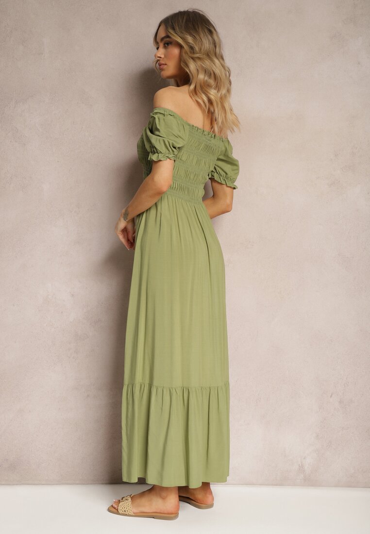 Zielona Rozkloszowana Sukienka z Bawełny Typu Hiszpanka z Marszczoną Górą Xilvia