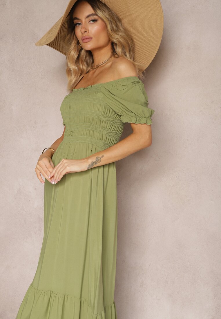 Rochie evazată verde din bumbac tip hispanic cu partea de sus plisată Xilvia