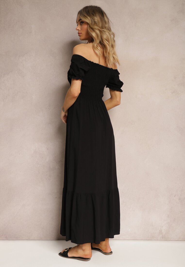 Czarna Rozkloszowana Sukienka z Bawełny Typu Hiszpanka z Marszczoną Górą Xilvia