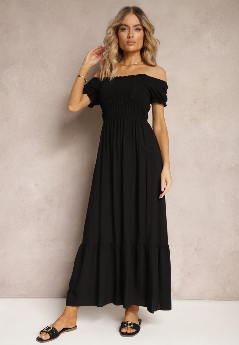 Czarna Rozkloszowana Sukienka z Bawełny Typu Hiszpanka z Marszczoną Górą Xilvia