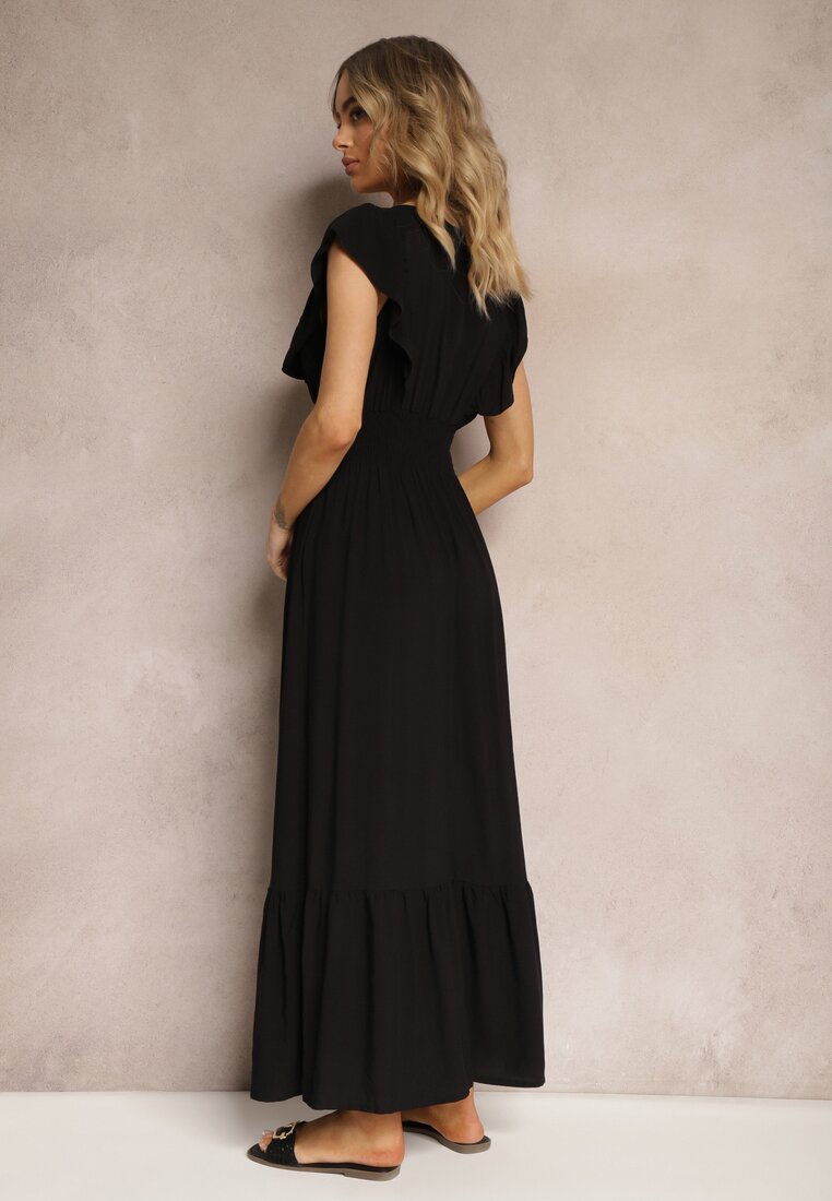 Rochie Neagră din Bumbac cu Croială Clopot Volane și Elastic în Talie Dimista