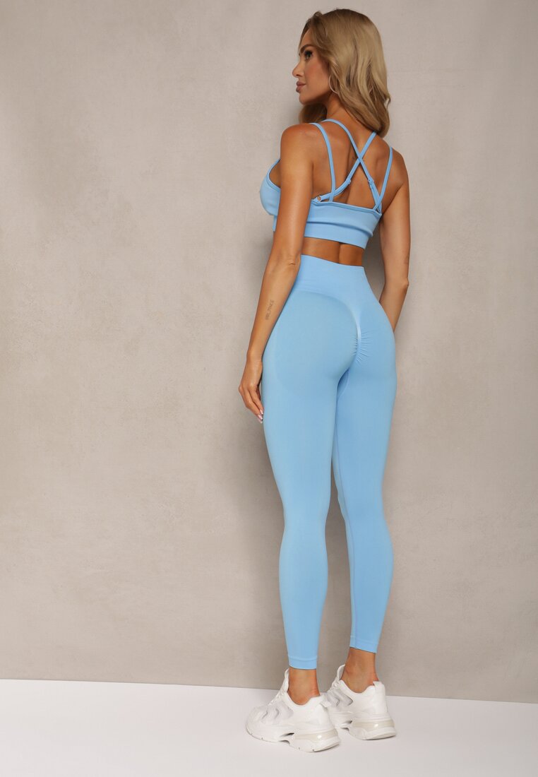 Set Fitness Albastru Elastic Sutien Cu Push-Up și Colanți cu Bandă Orbinra