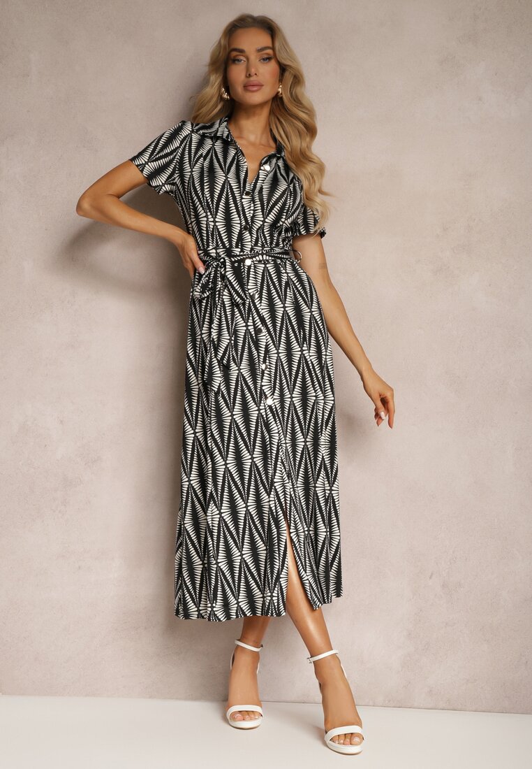 Rochie Cămașă Neagră cu Curea din Material și Nasturi cu Imprimeu Geometric Usklea