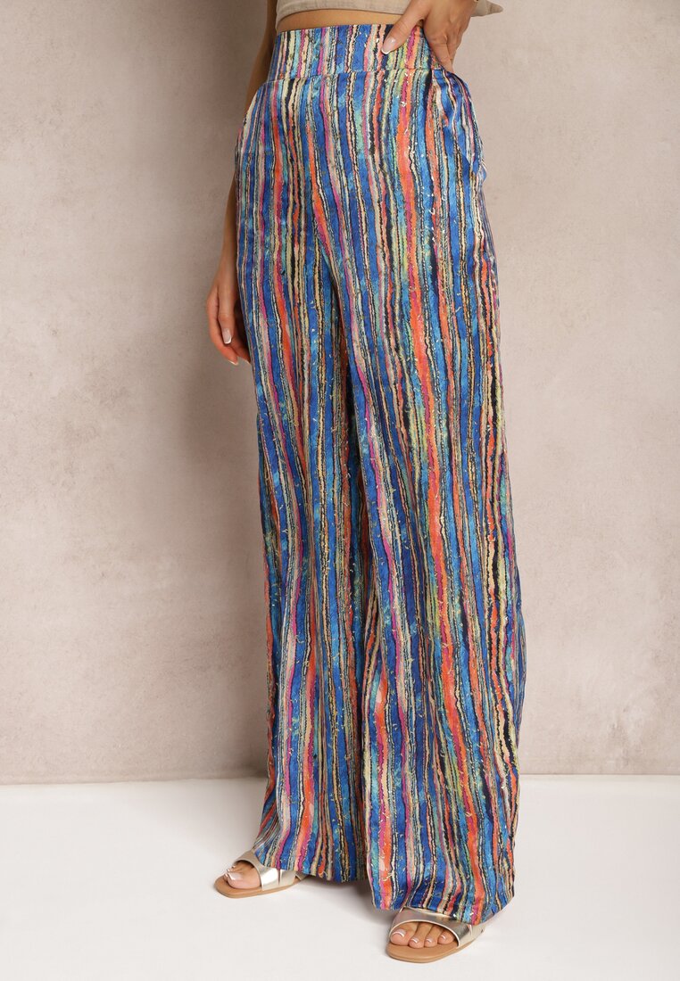 Bleumarin-Portocaliu Pantaloni Stil Palazzo Decorat Paiete Elastic Talie Hinlea