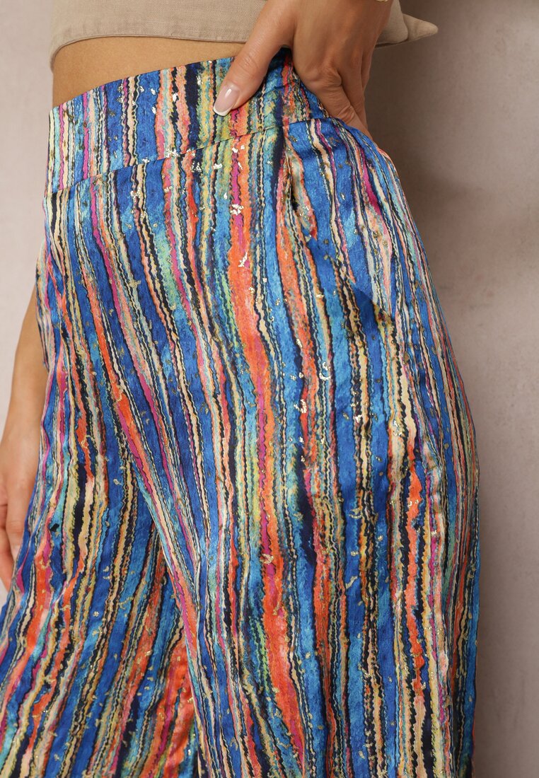 Bleumarin-Portocaliu Pantaloni Stil Palazzo Decorat Paiete Elastic Talie Hinlea