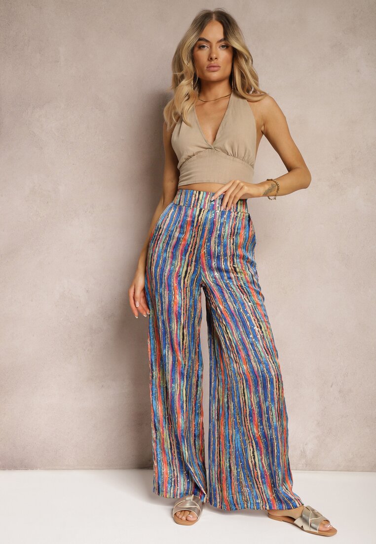 Bleumarin-Portocaliu Pantaloni Stil Palazzo Decorat Paiete Elastic Talie Hinlea