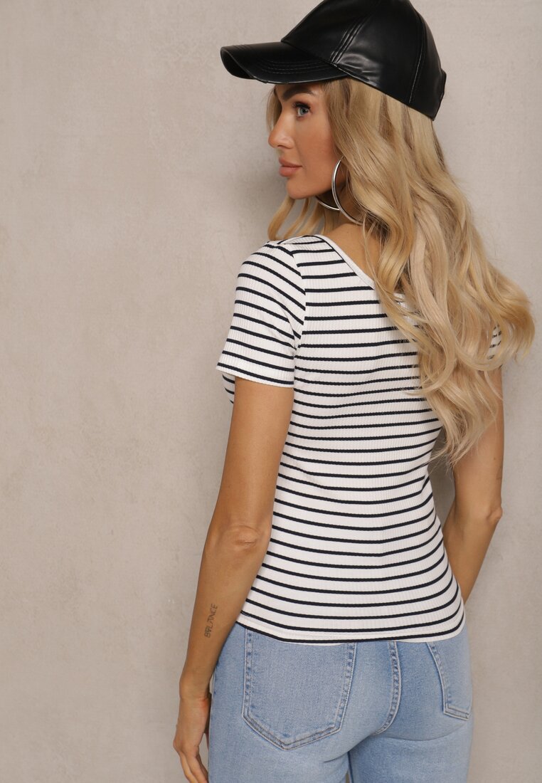 Tricou Alb-Bleumarin din Bumbac cu Dungi cu Mânecă Scurtă Fralea