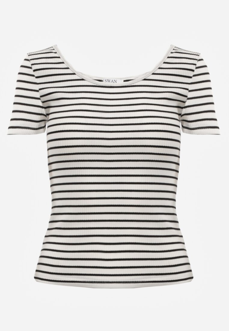 Tricou de bumbac alb-albastru în dungi cu mânecă scurtă Fralea