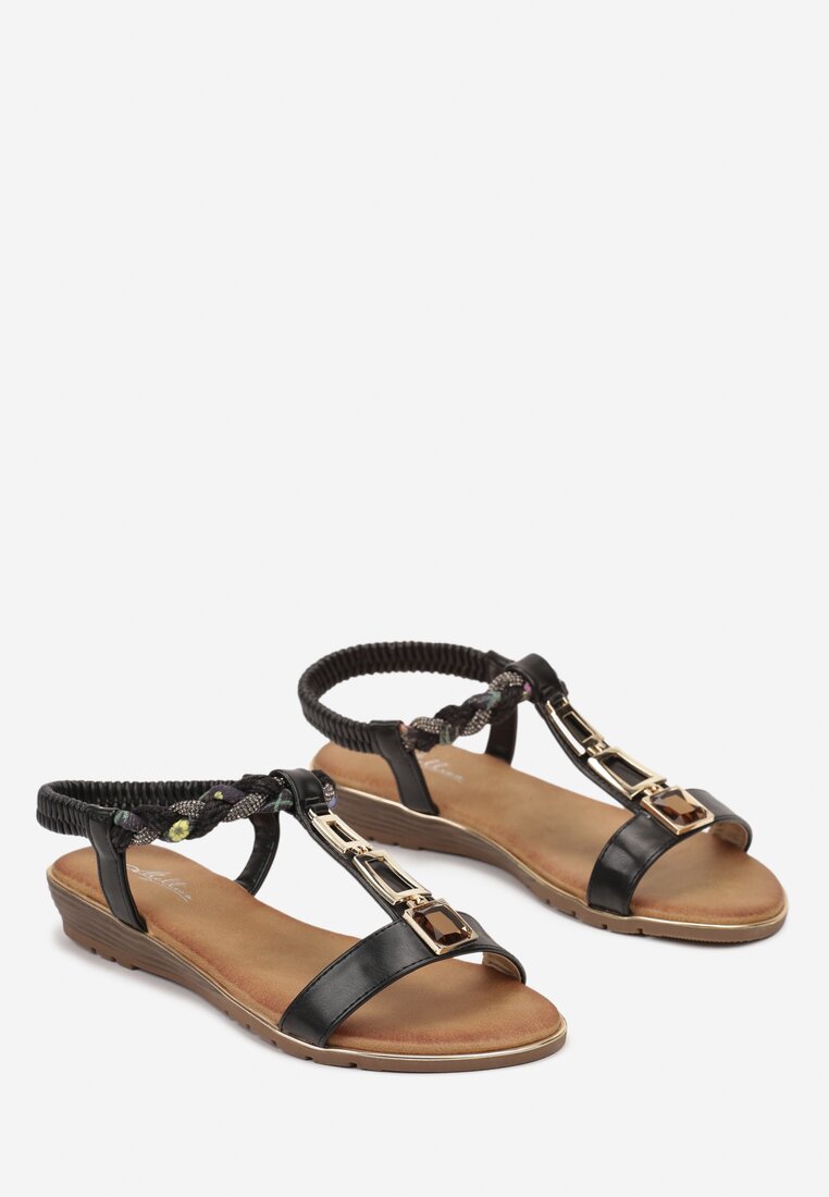 Sandale Negre Slip-On cu Elastic pe Călcâi Decorate cu Aplicații și Pietre Testiana