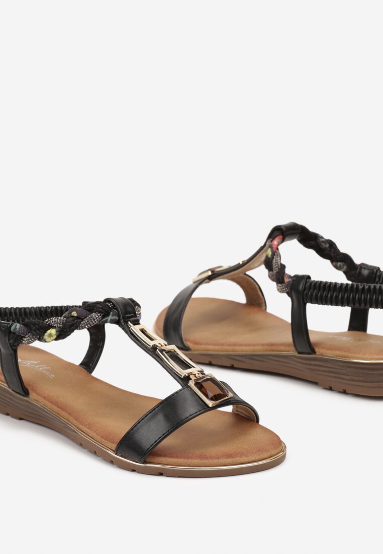Sandale Negre Slip-On cu Elastic pe Călcâi Decorate cu Aplicații și Pietre Testiana
