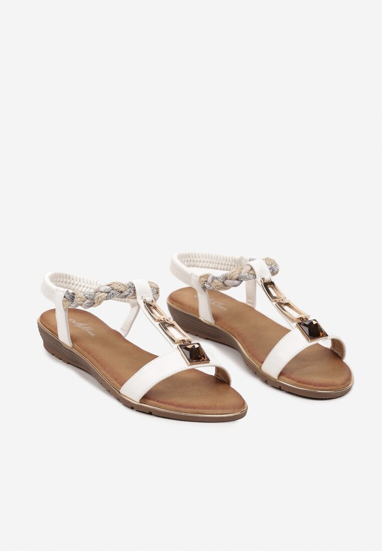 Sandale Albe Slip-On cu Bandă Elastică pe Călcâi Decorate cu Aplicație și Pietre Strass Testiana