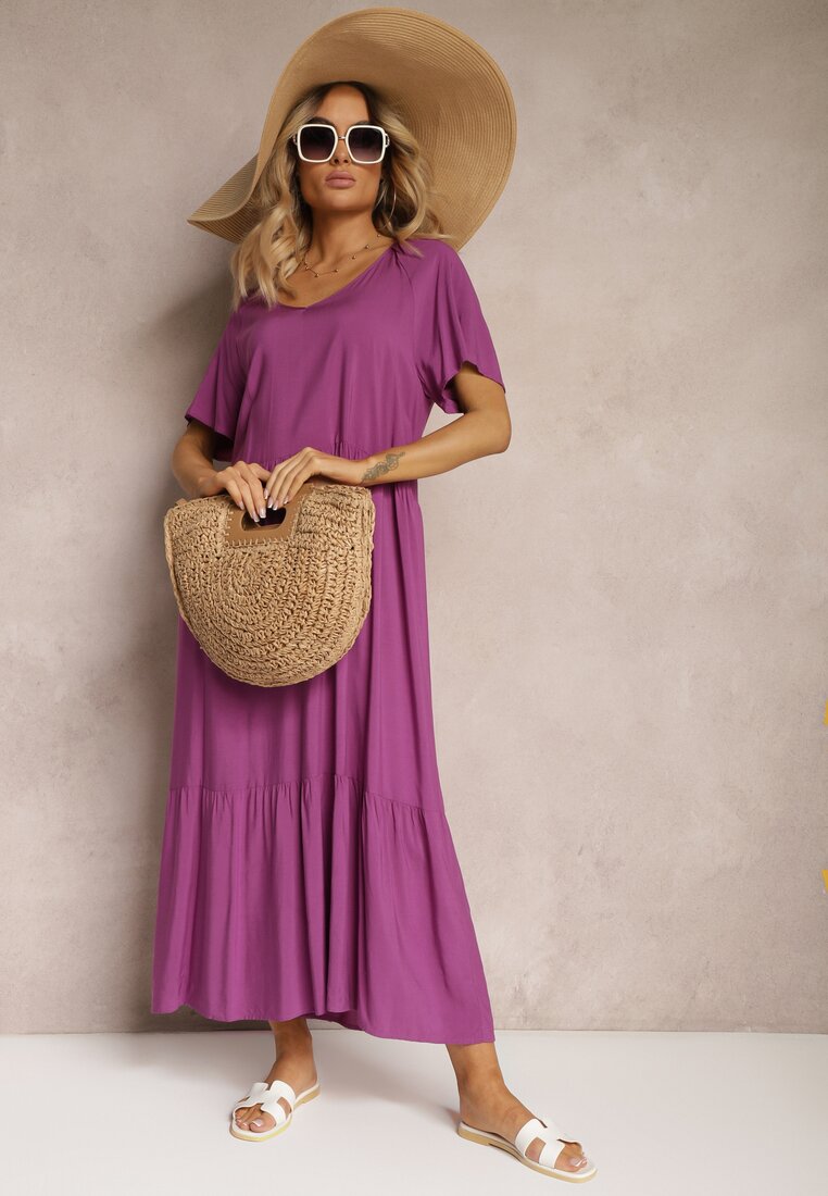 Rochie violetă din viscoză cu mânecă scurtă și croi evazat Delantia