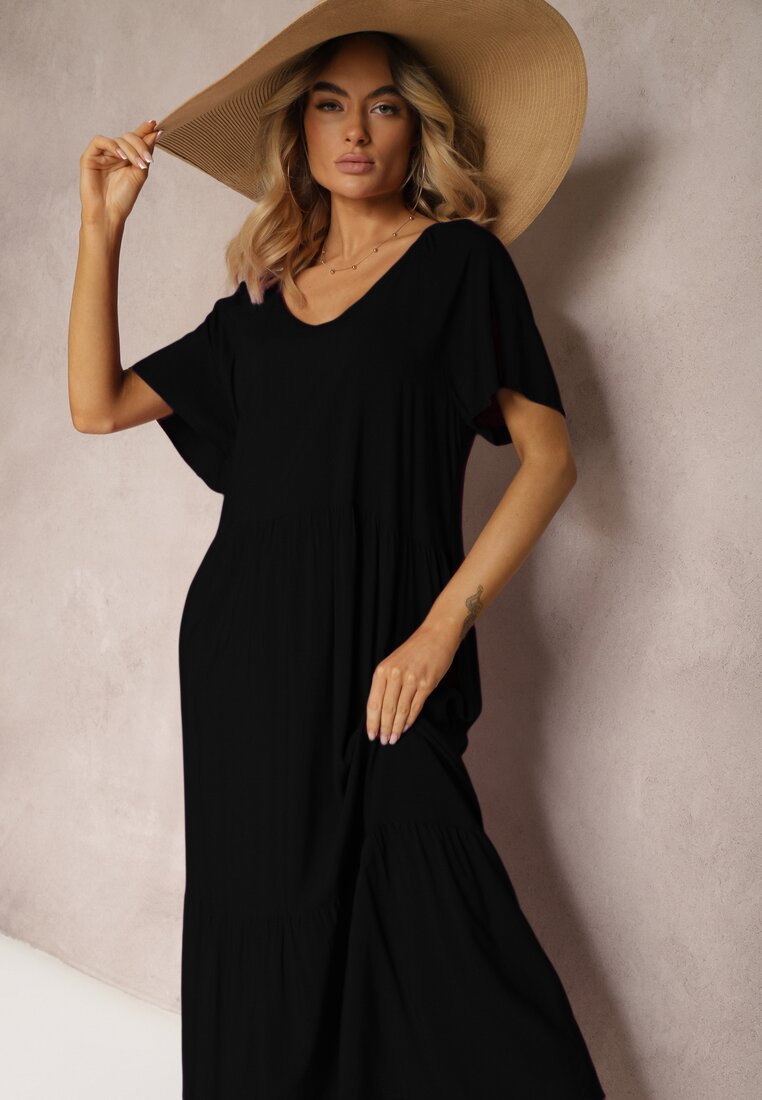 Rochie neagră din viscoză cu mânecă scurtă și croi evazat Delantia