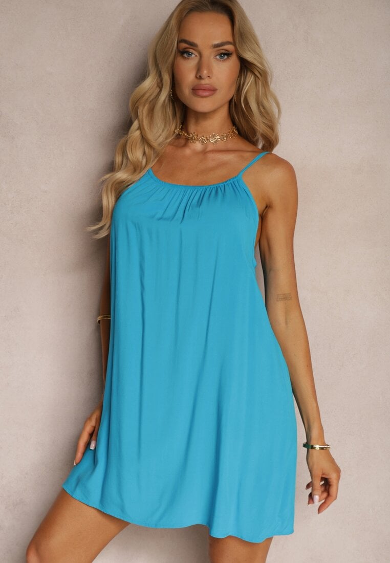 Rochie casual albastră din viscoză cu croială dreaptă cu bretele reglabile Wilantia