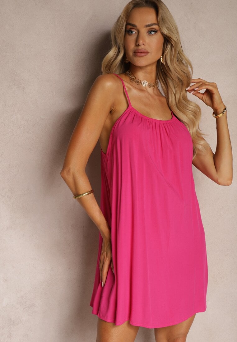 Rochie Fucsia Casual din Viscoză cu Croi Drept cu Bretele Reglabile Wilantia