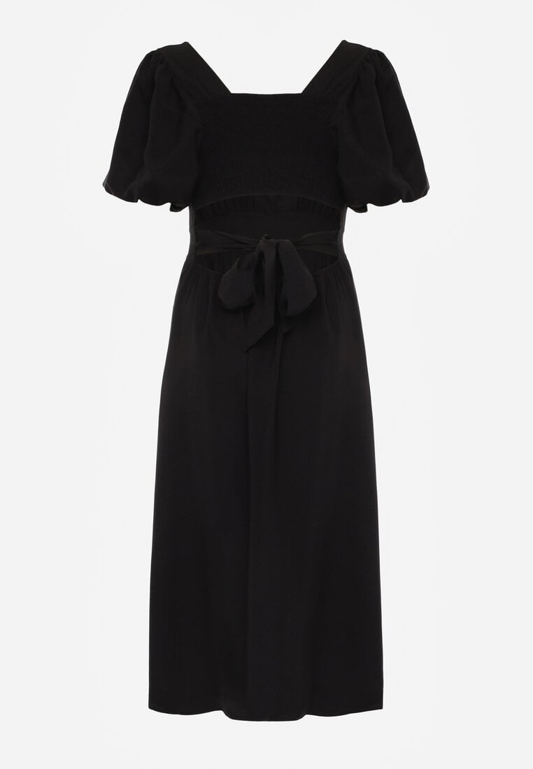 Czarna Wiskozowa Sukienka o Rozkloszowanym Kroju z Wycięciem na Plecach i Wiązaniem Dimiella