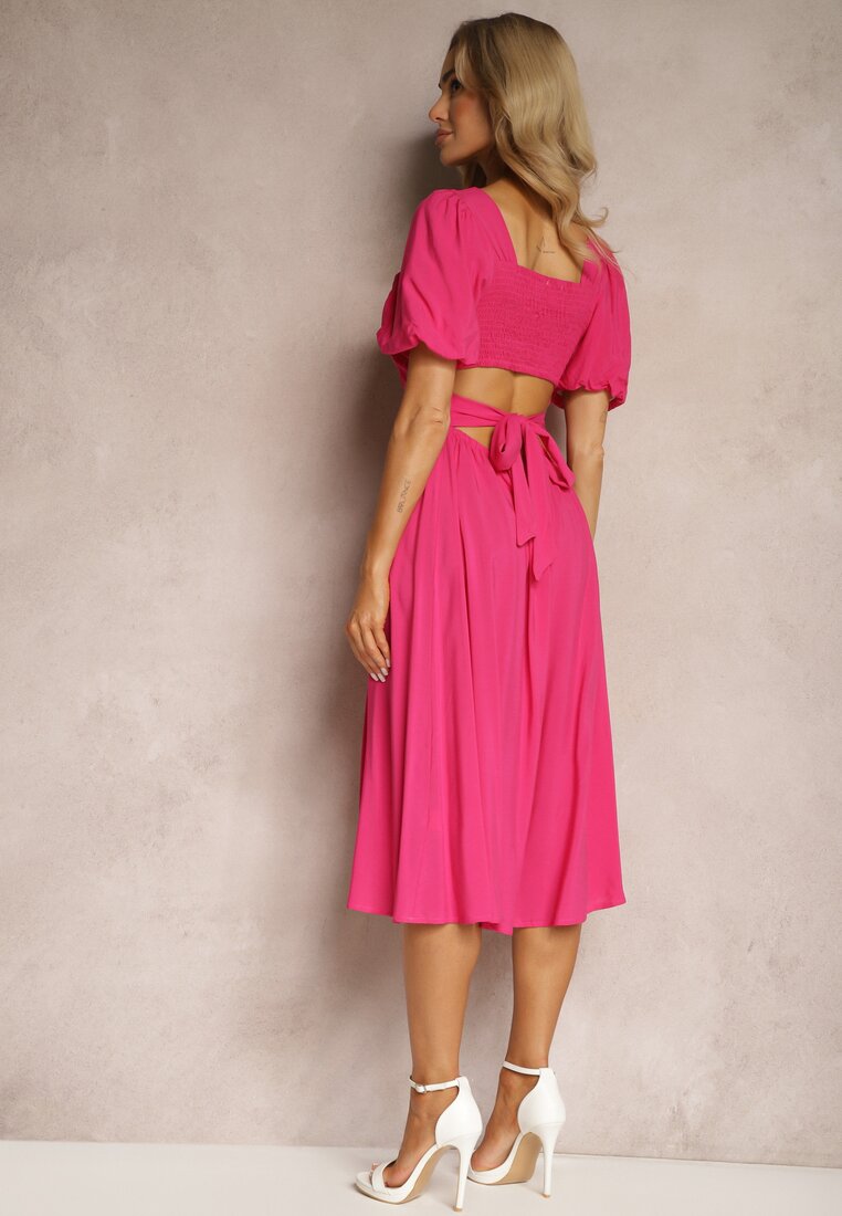 Rochie Fucsia din Viscoză cu Croi Clos Decolteu pe Spate și Șnur Dimiella