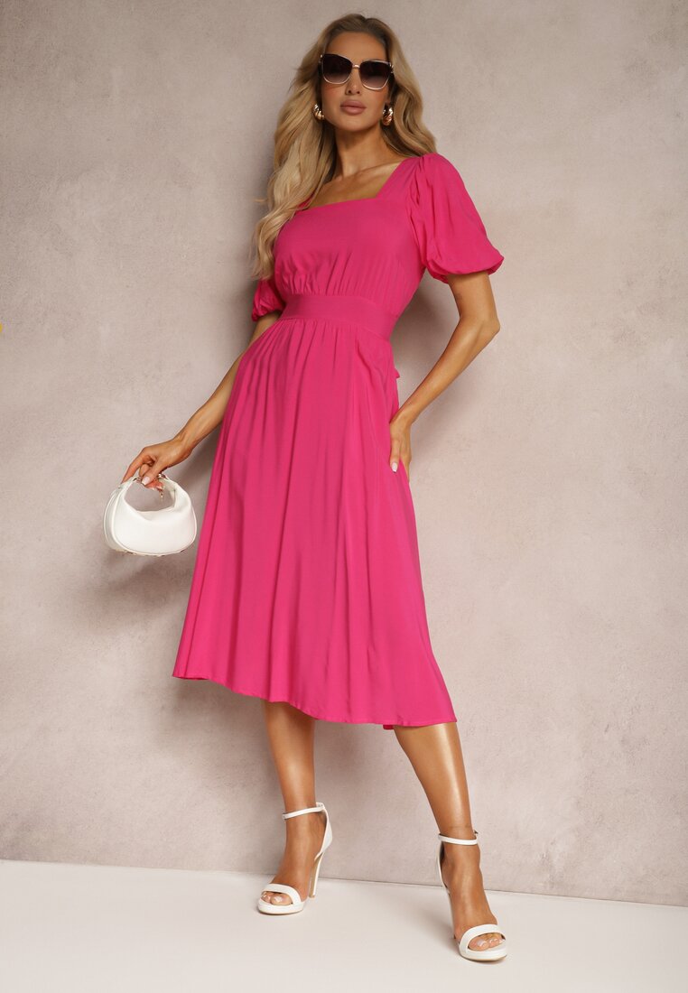 Rochie Fucsia din Viscoză cu Croi Clos Decolteu pe Spate și Șnur Dimiella