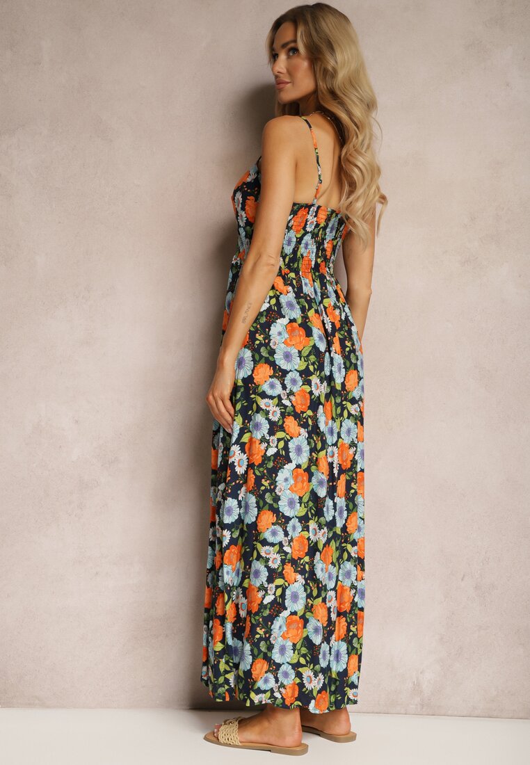 Rochie bleumarin-albastră din viscoză cu flori cu elastic în talie și bretele reglabile Ostialia