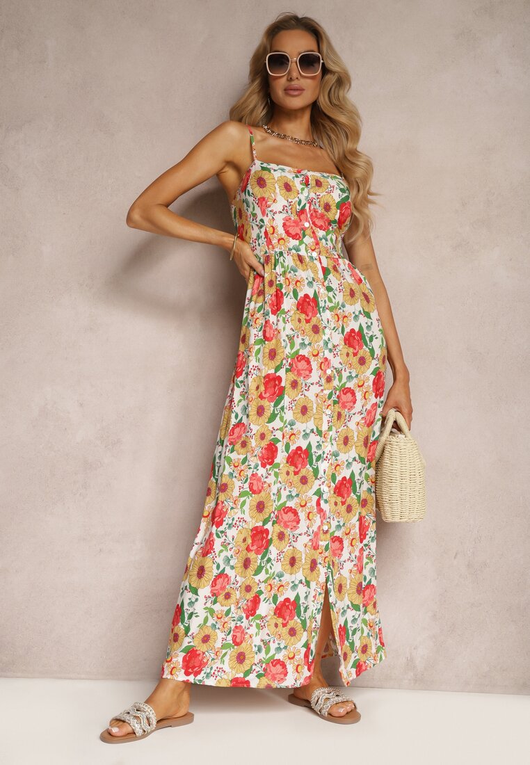 Rochie Viscoză Alb-Galbenă Cu Imprimeu Floral Cu Elastic în Talie și Bretele Reglabile Ostialia
