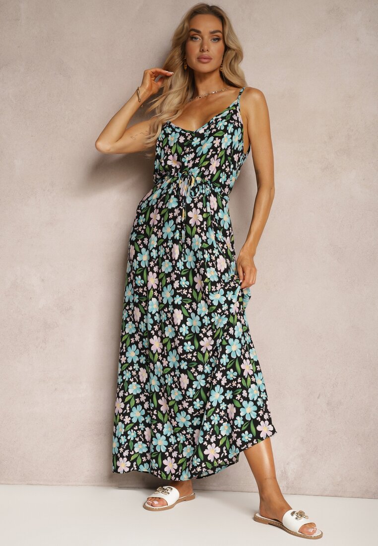 Rochie Viscoză Neagră-Albastră cu Elastic și Bretele Reglabile cu Imprimeu Floral Abcolia