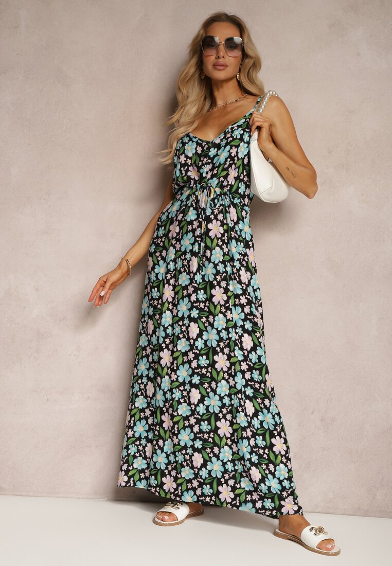 Rochie Viscoză Neagră-Albastră cu Elastic și Bretele Reglabile cu Imprimeu Floral Abcolia