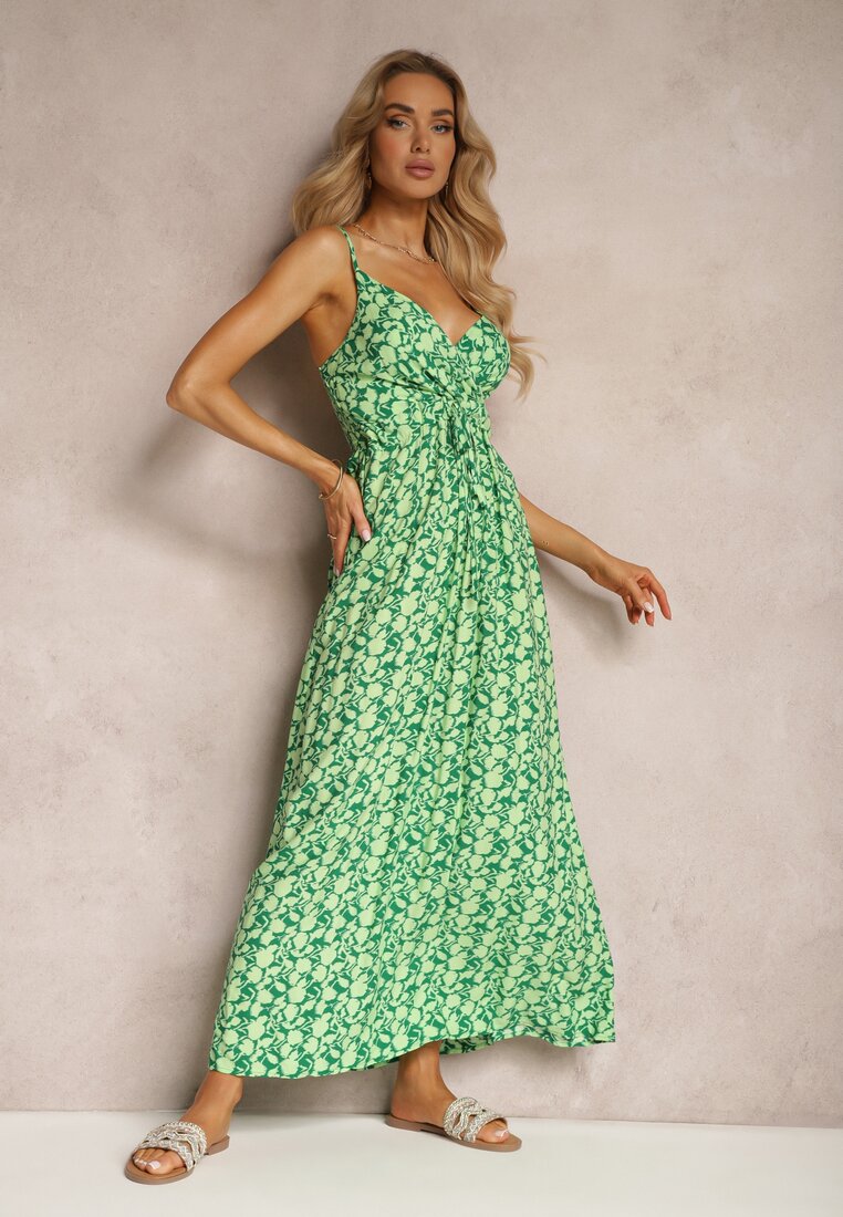 Zielona Kopertowa Sukienka z Wiskozy na Regulowanych Ramiączkach ze Ściągaczem w Talii Dimariel