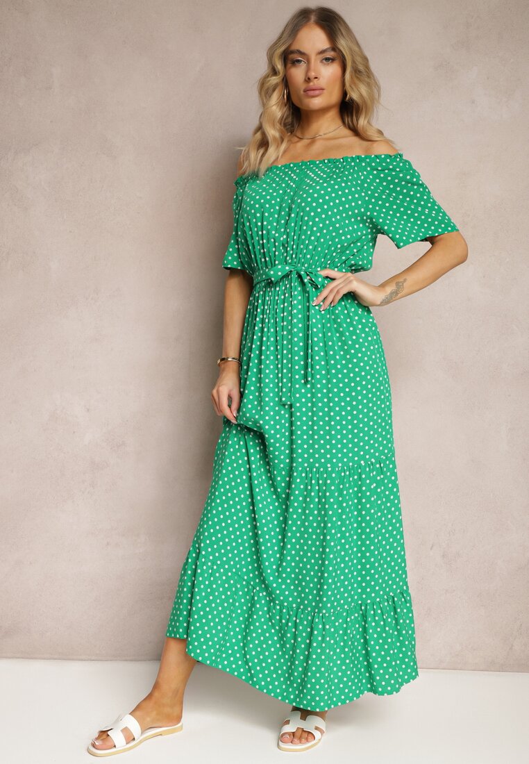 Rochie verde evazată din viscoză cu curea din material și elastic în talie Dimthia