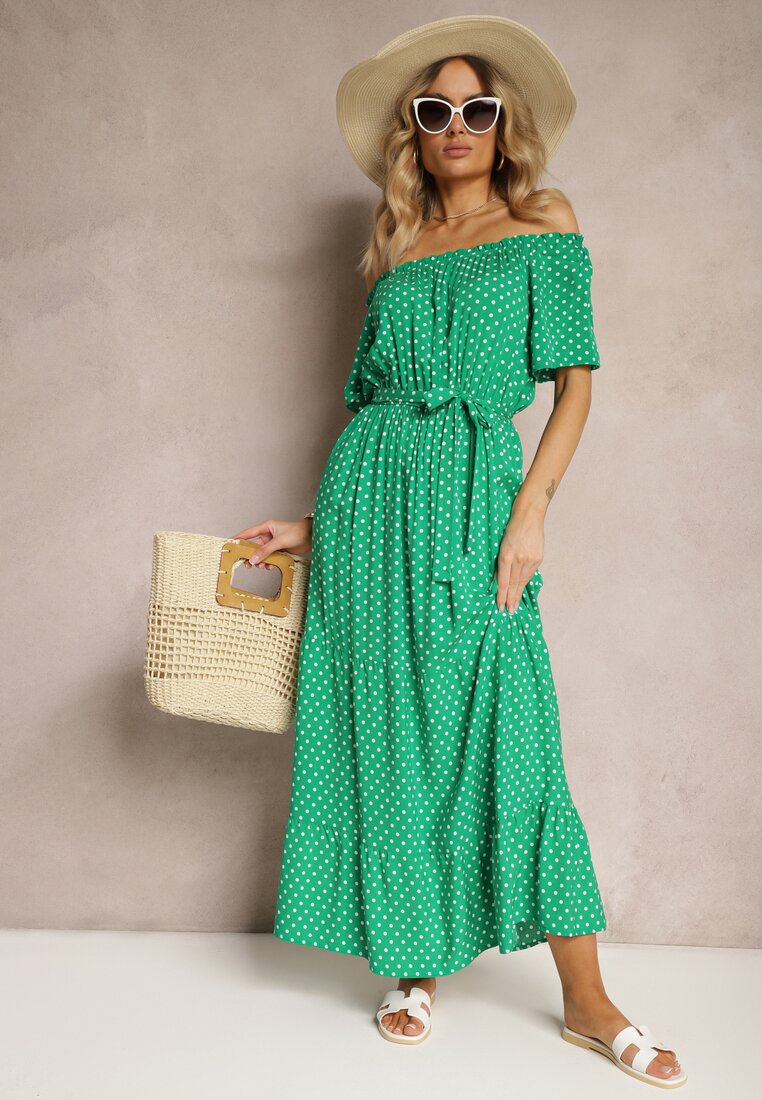 Rochie verde evazată din viscoză cu curea din material și elastic în talie Dimthia