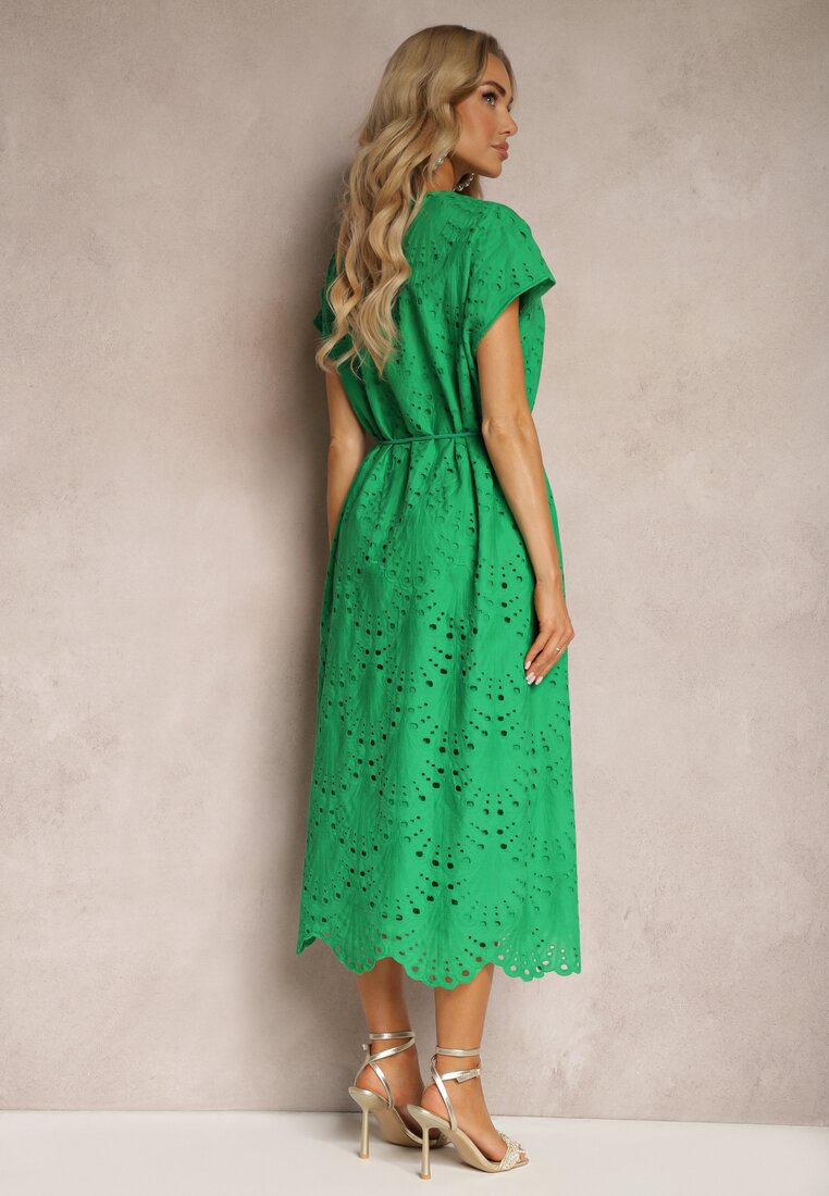 Rochie verde din bumbac cu broderie și curea din material Dimla