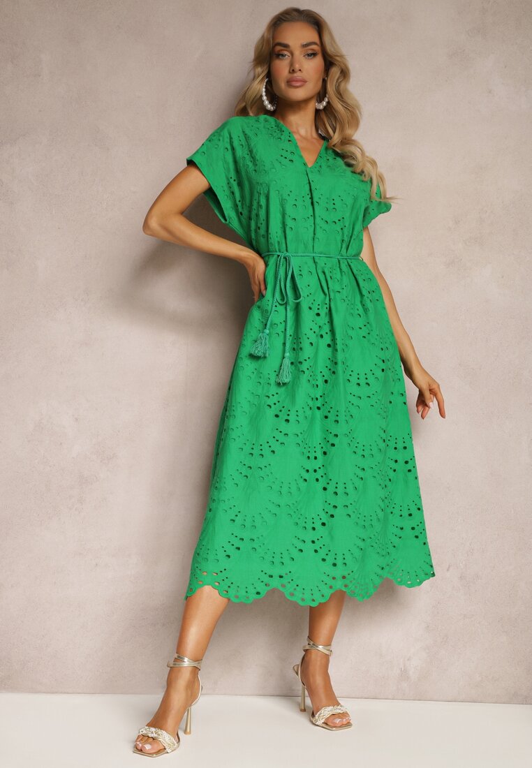 Rochie verde din bumbac cu broderie și curea din material Dimla