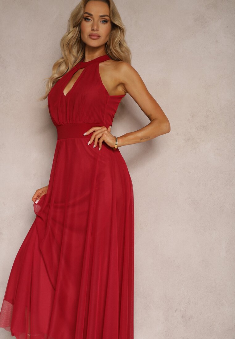 Czerwona Sukienka Koktajlowa z Siateczką Wiązana Materiałowym Paskiem ze Stójką Nestassi