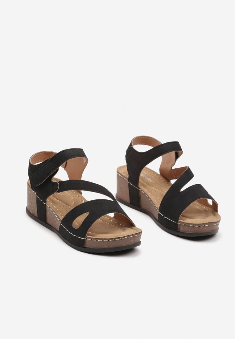 Sandale negre cu platformă cu barete decorative cu velcro Vikimina