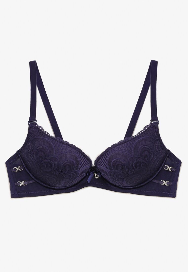 Sutien albastru marin cu dantelă tip push-up cu cupe întărite și decorațiuni Ellalli