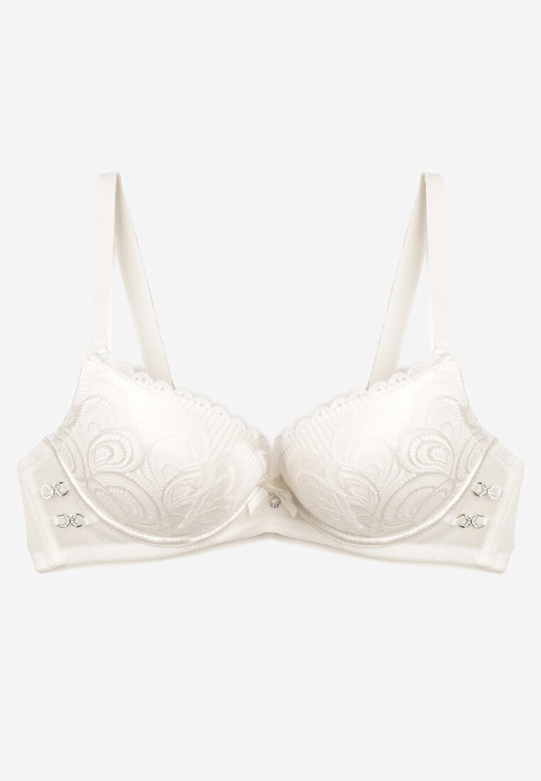 Sutien bej deschis din dantela tip Push-Up cu cupe rigide și decorațiuni Ellalli
