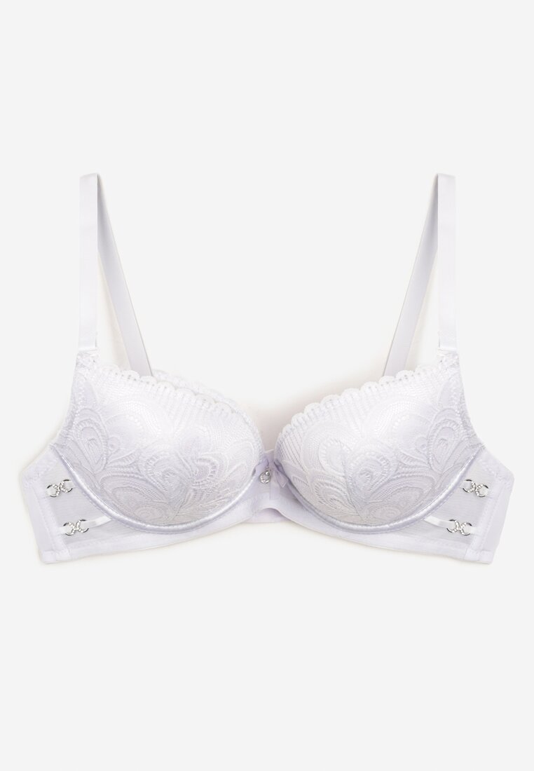 Sutien alb din dantelă push-up cu cupe întărite și decorațiuni Ellalli